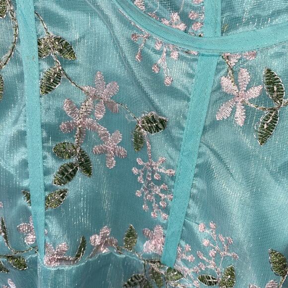 Aqua Floral Embroidered Midi Dress S Fairy Whimsical Coquette Feminine Ethereal - Picture 5 of 8
